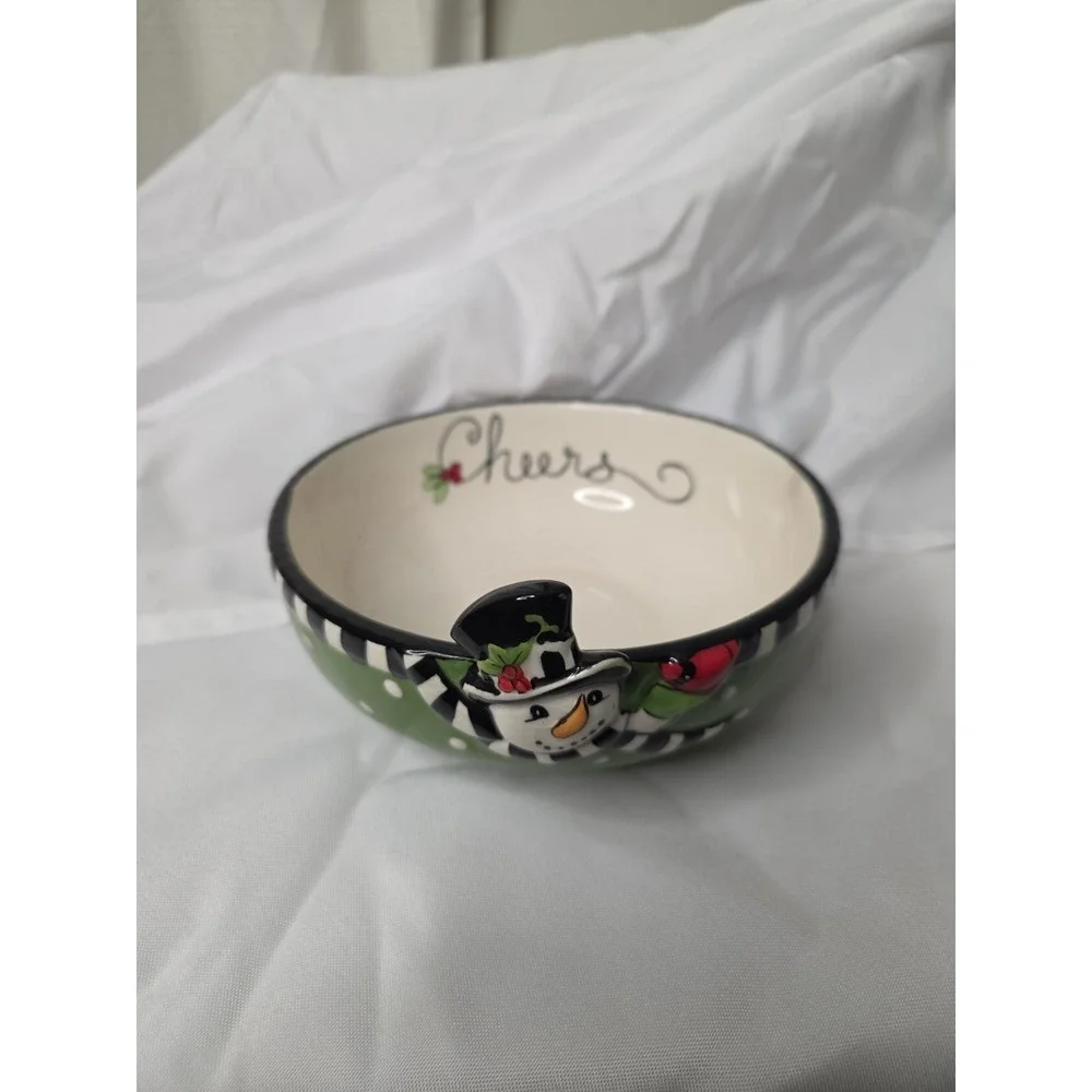 Fitz and Floyd Frostys‎ Frolic Cheers Sentiment Bowl Snack Snowman Embossed